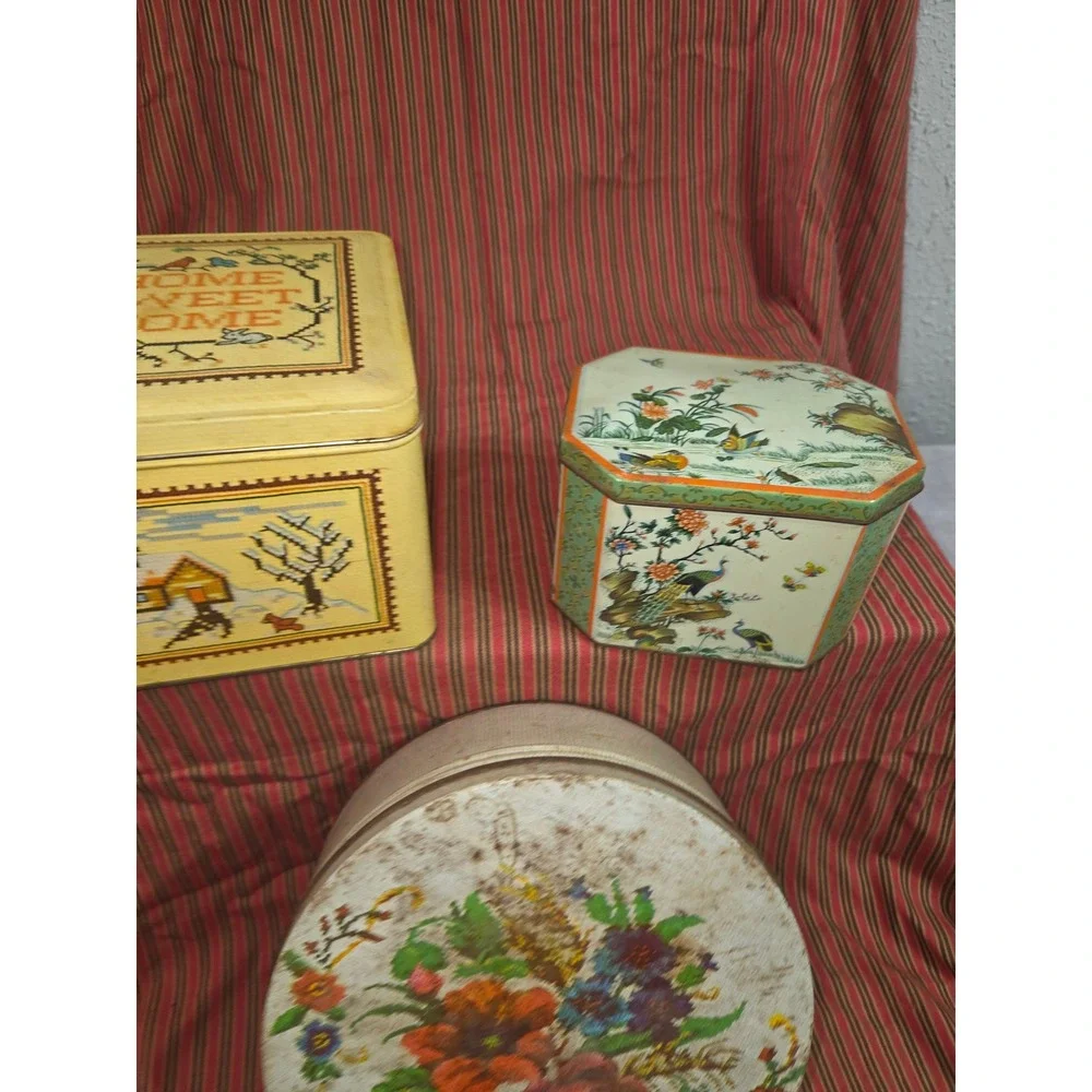 Vintage Metal Tin Lot Home Sweet Home Cross Stitch Chinoiserie Floral 3pc Set